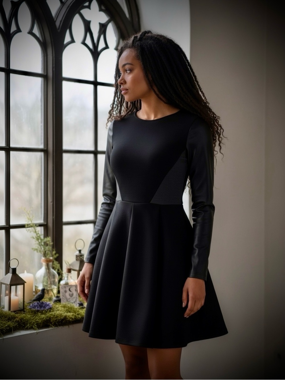 Black Metallic Whimsigoth Fit & Flare Long Sleeve Y2K Goth Mini Dress Small